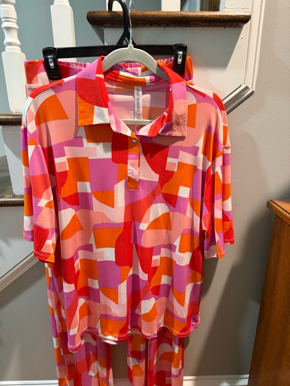 Dear Scarlett Resort Wear Colorful Geometric Polo Top & pants - Pink/Orange